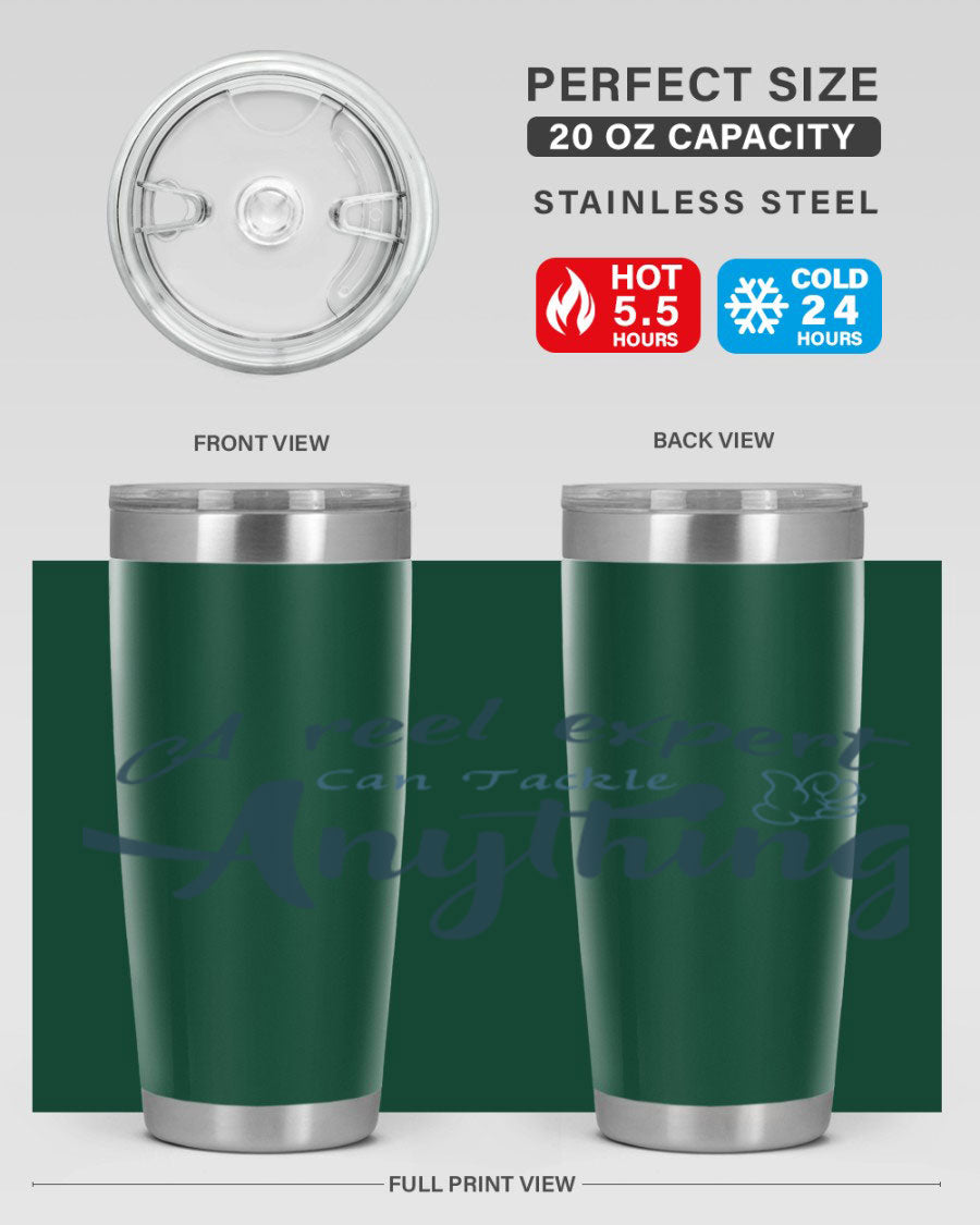 Real expert 184# fishing tumbler in stainless steel with a drink-thru lid, showcasing its sleek design and double wall insulation.