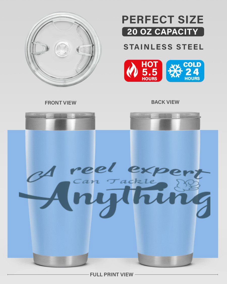 Real expert 184# fishing tumbler in stainless steel with a drink-thru lid, showcasing its sleek design and double wall insulation.