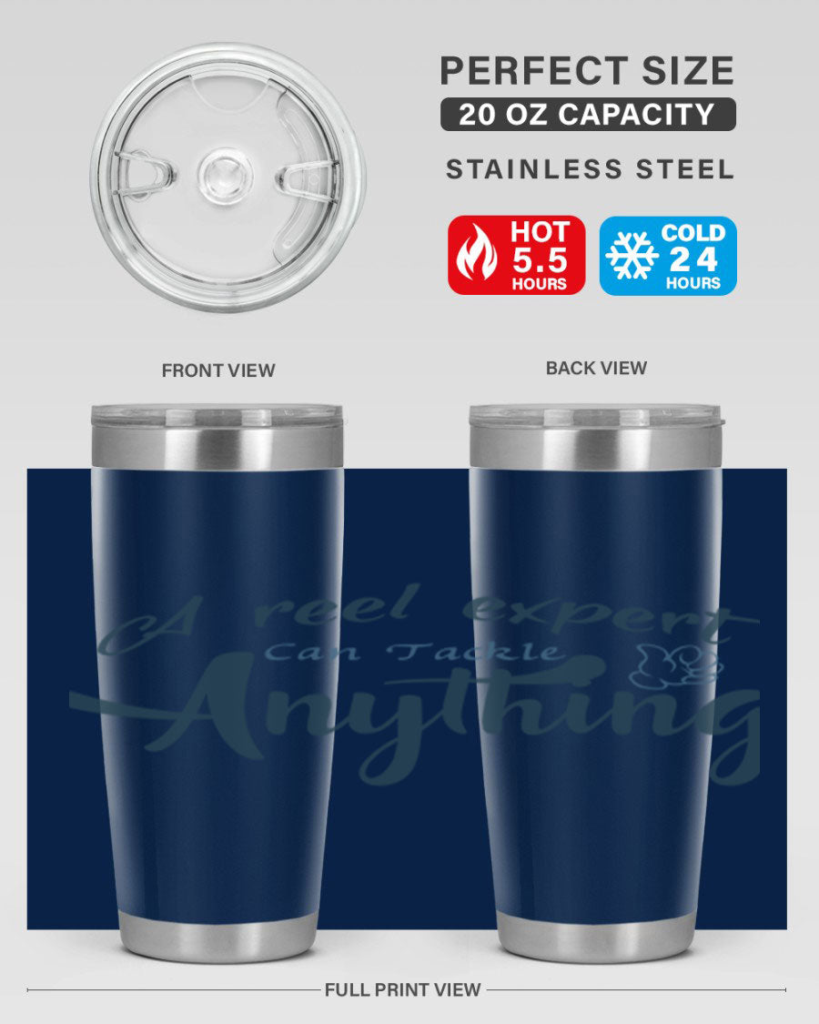 Real expert 184# fishing tumbler in stainless steel with a drink-thru lid, showcasing its sleek design and double wall insulation.