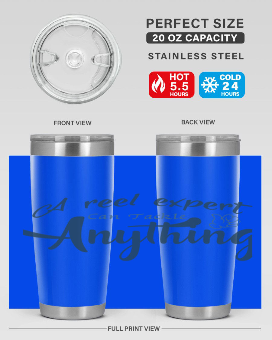 Real expert 184# fishing tumbler in stainless steel with a drink-thru lid, showcasing its sleek design and double wall insulation.