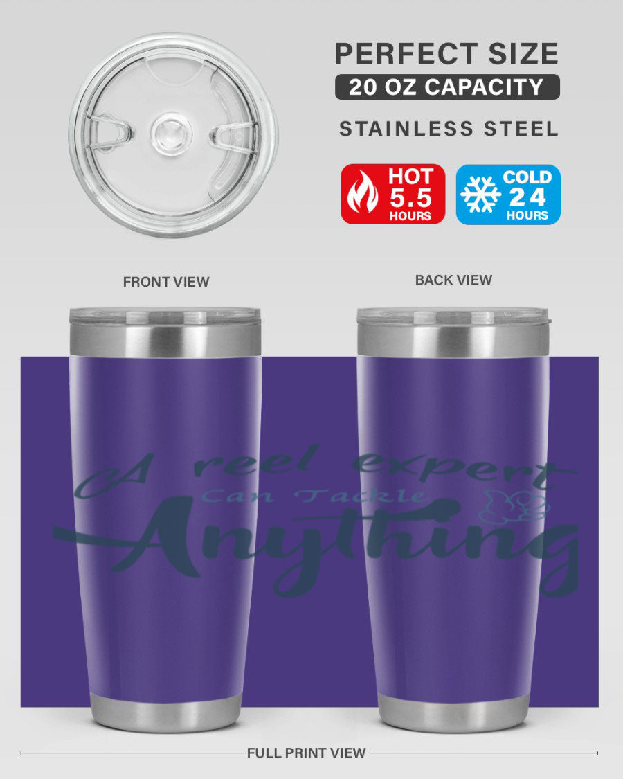 Real expert 184# fishing tumbler in stainless steel with a drink-thru lid, showcasing its sleek design and double wall insulation.