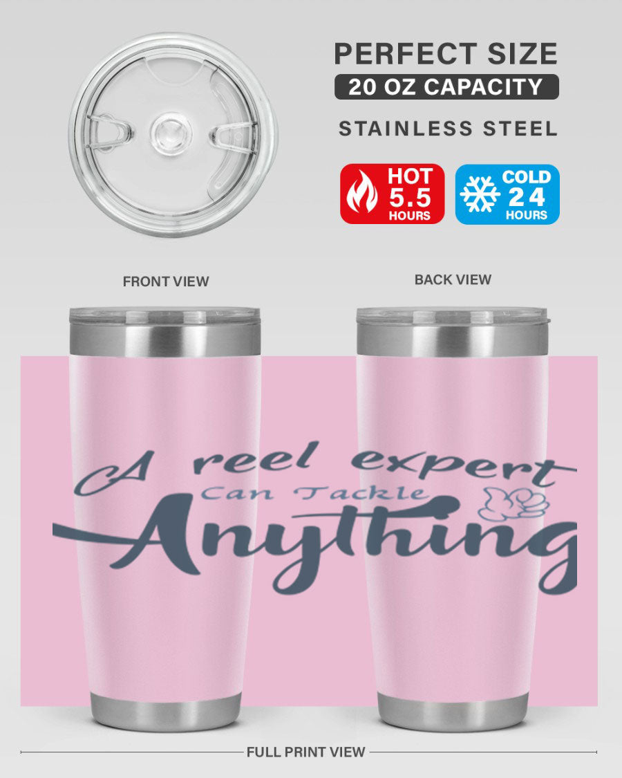 Real expert 184# fishing tumbler in stainless steel with a drink-thru lid, showcasing its sleek design and double wall insulation.