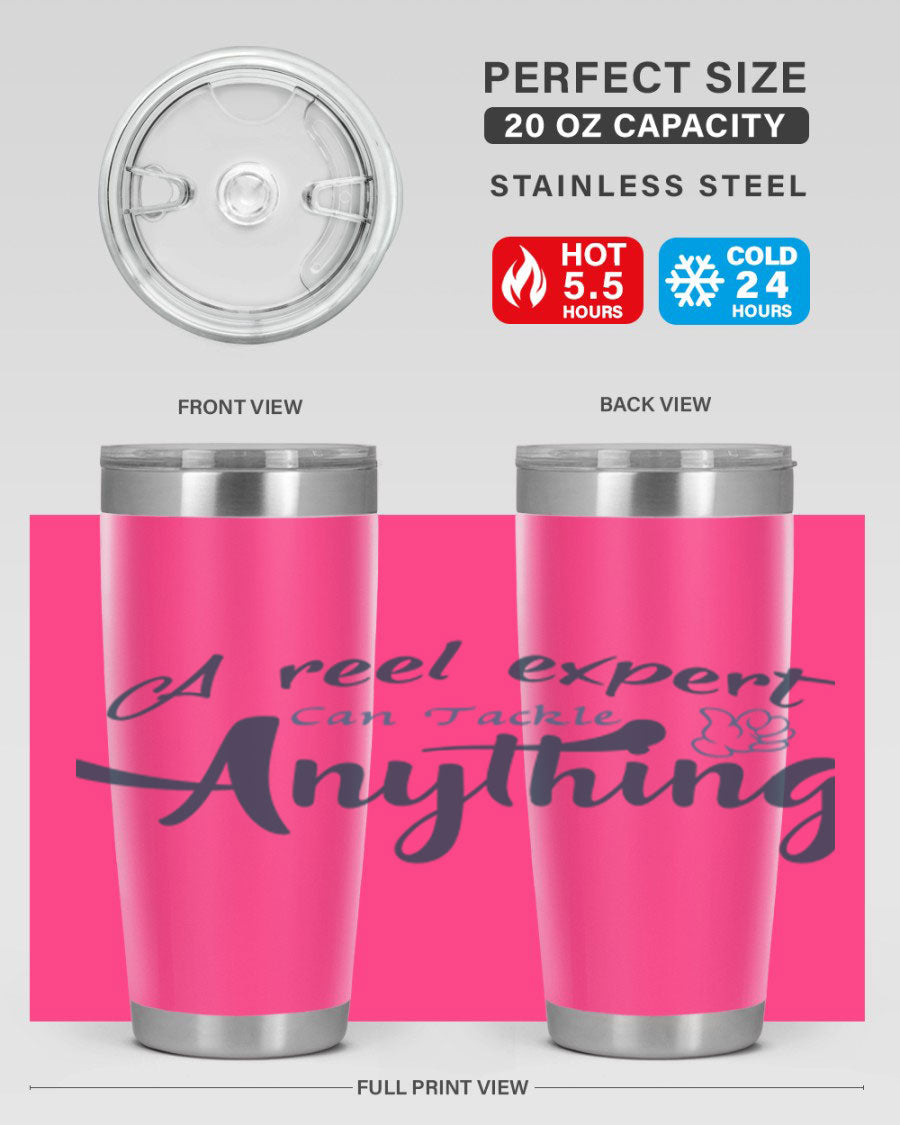 Real expert 184# fishing tumbler in stainless steel with a drink-thru lid, showcasing its sleek design and double wall insulation.