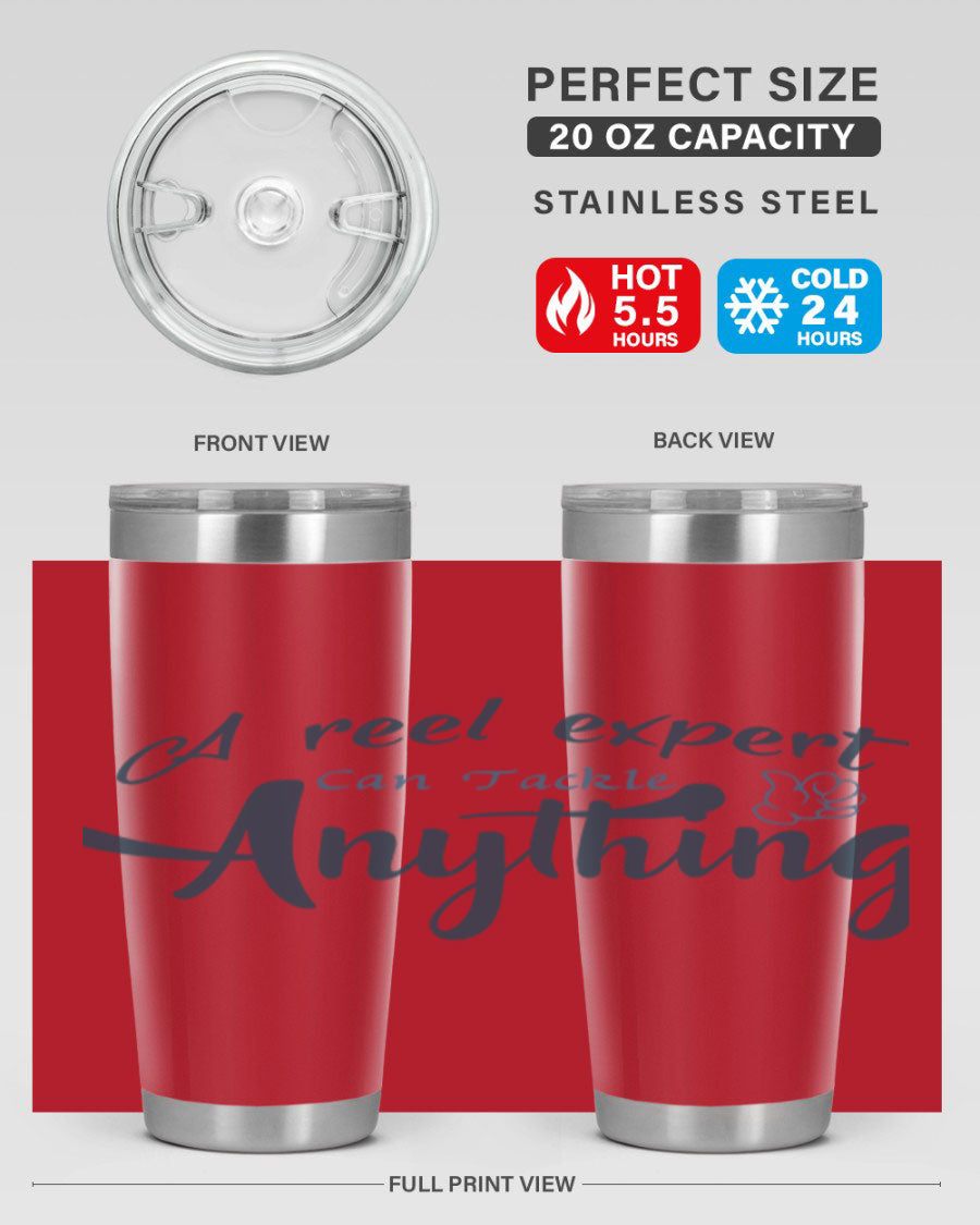 Real expert 184# fishing tumbler in stainless steel with a drink-thru lid, showcasing its sleek design and double wall insulation.