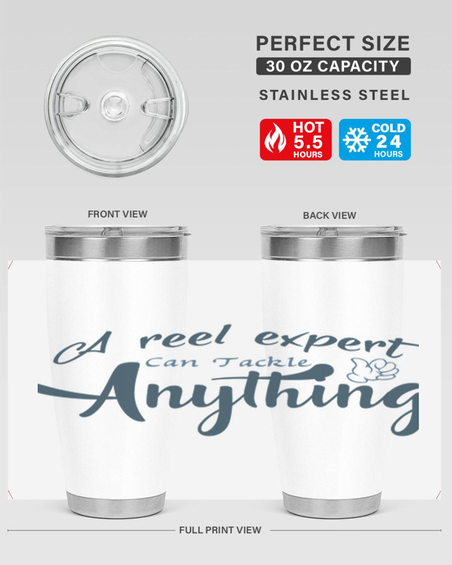 Real expert 184# fishing tumbler in stainless steel with a drink-thru lid, showcasing its sleek design and double wall insulation.