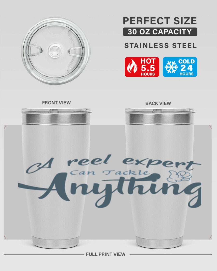 Real expert 184# fishing tumbler in stainless steel with a drink-thru lid, showcasing its sleek design and double wall insulation.