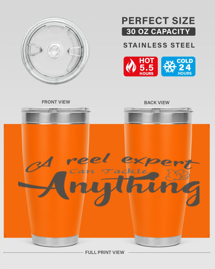 Real expert 184# fishing tumbler in stainless steel with a drink-thru lid, showcasing its sleek design and double wall insulation.