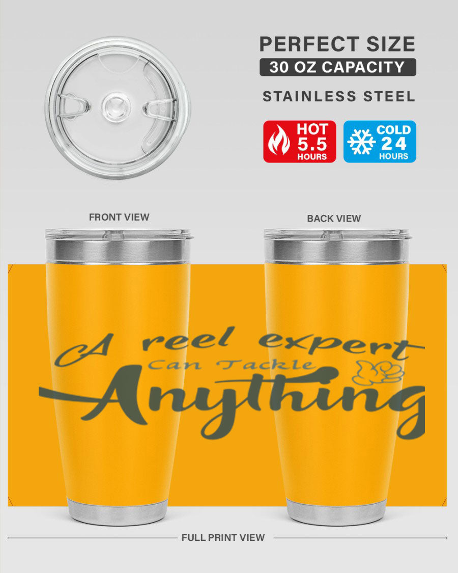 Real expert 184# fishing tumbler in stainless steel with a drink-thru lid, showcasing its sleek design and double wall insulation.