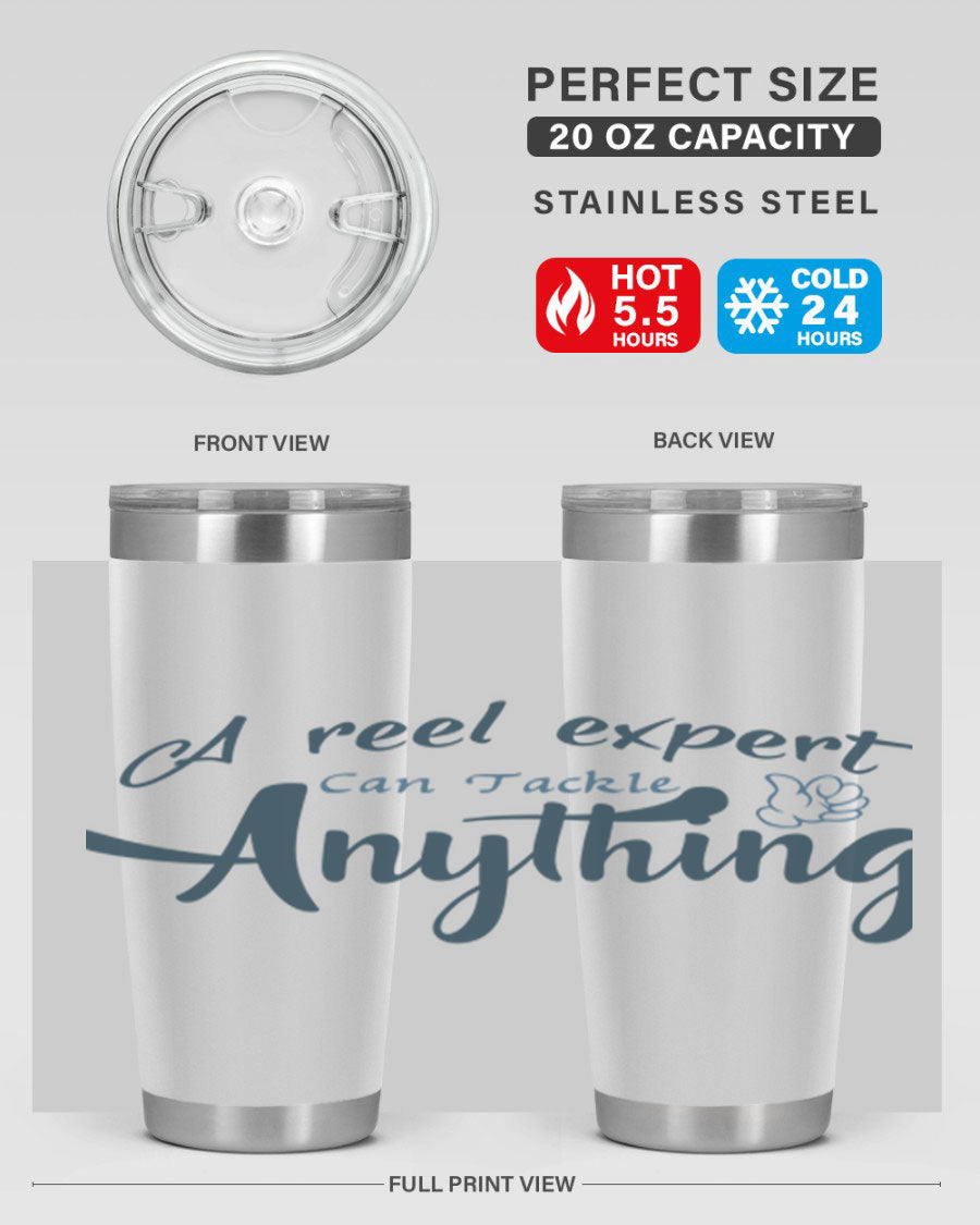Real expert 184# fishing tumbler in stainless steel with a drink-thru lid, showcasing its sleek design and double wall insulation.