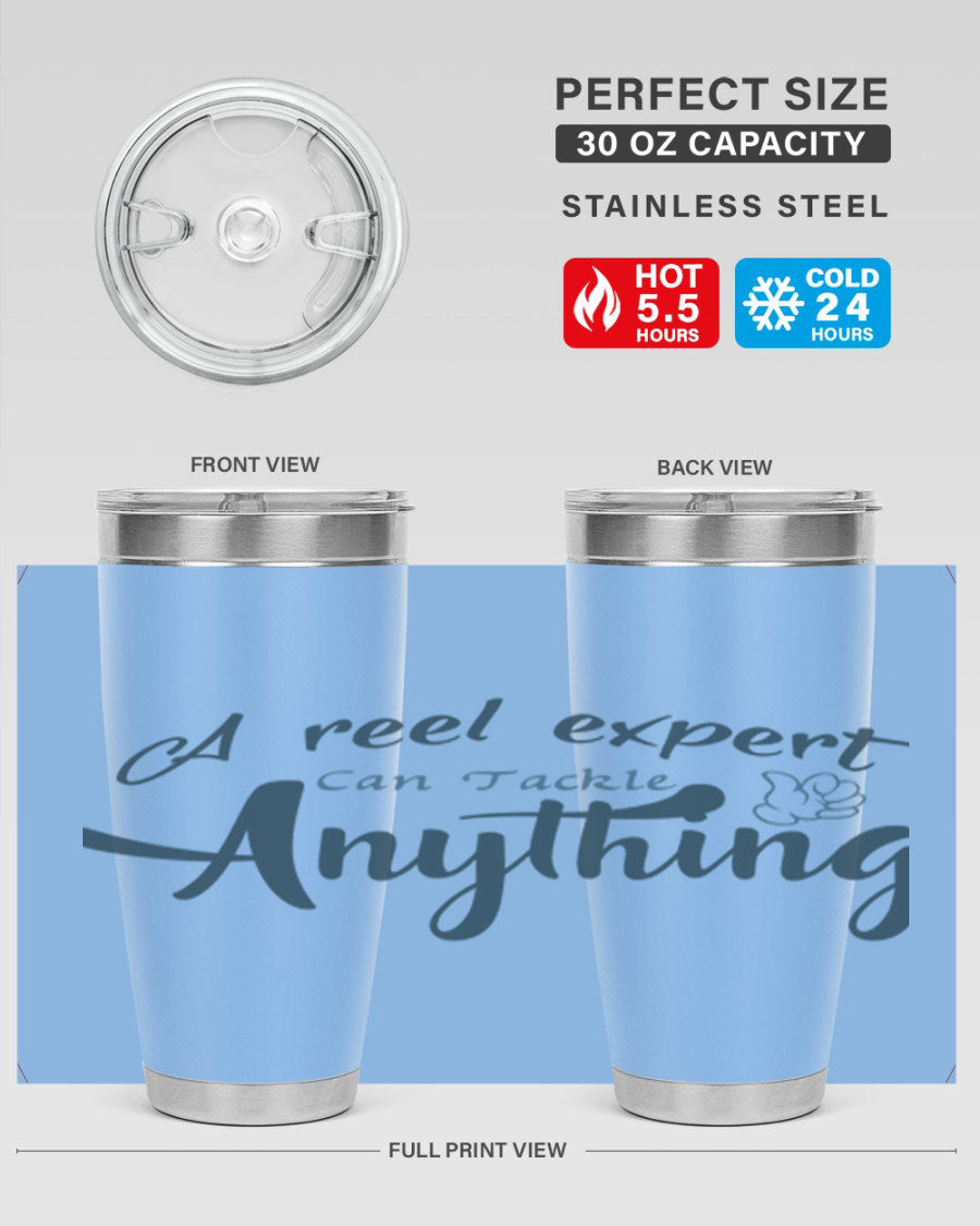 Real expert 184# fishing tumbler in stainless steel with a drink-thru lid, showcasing its sleek design and double wall insulation.