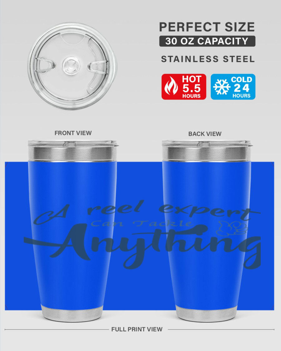 Real expert 184# fishing tumbler in stainless steel with a drink-thru lid, showcasing its sleek design and double wall insulation.