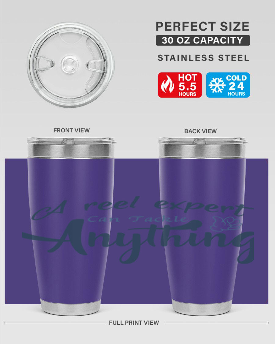 Real expert 184# fishing tumbler in stainless steel with a drink-thru lid, showcasing its sleek design and double wall insulation.
