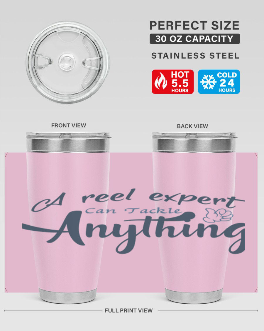 Real expert 184# fishing tumbler in stainless steel with a drink-thru lid, showcasing its sleek design and double wall insulation.