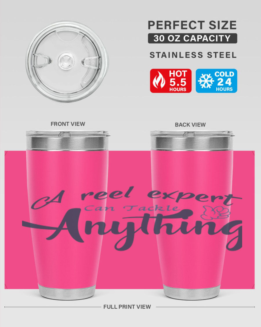 Real expert 184# fishing tumbler in stainless steel with a drink-thru lid, showcasing its sleek design and double wall insulation.