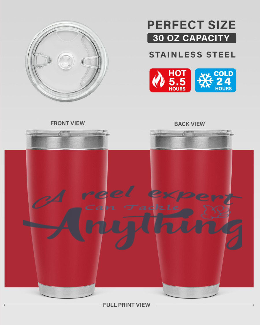Real expert 184# fishing tumbler in stainless steel with a drink-thru lid, showcasing its sleek design and double wall insulation.