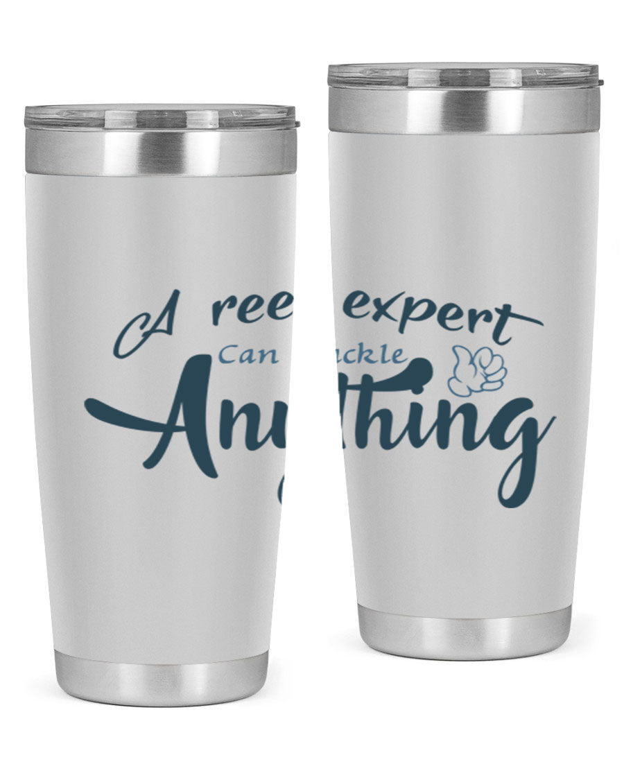 Real expert 184# fishing tumbler in stainless steel with a drink-thru lid, showcasing its sleek design and double wall insulation.