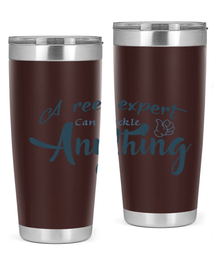 Real expert 184# fishing tumbler in stainless steel with a drink-thru lid, showcasing its sleek design and double wall insulation.