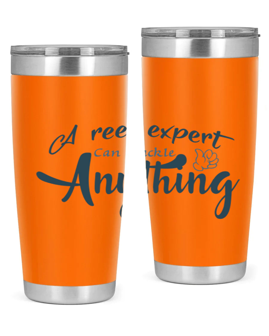 Real expert 184# fishing tumbler in stainless steel with a drink-thru lid, showcasing its sleek design and double wall insulation.