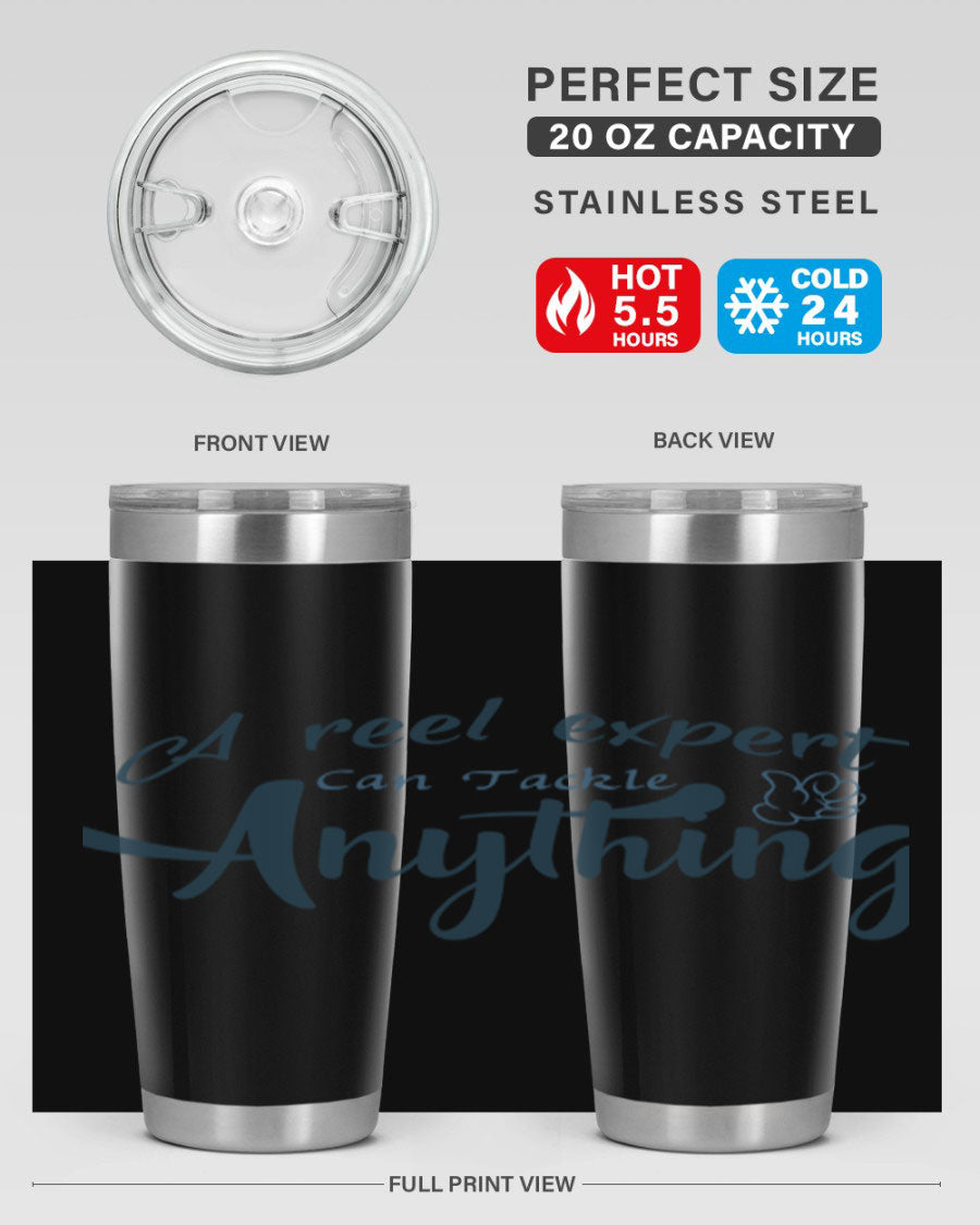 Real expert 184# fishing tumbler in stainless steel with a drink-thru lid, showcasing its sleek design and double wall insulation.