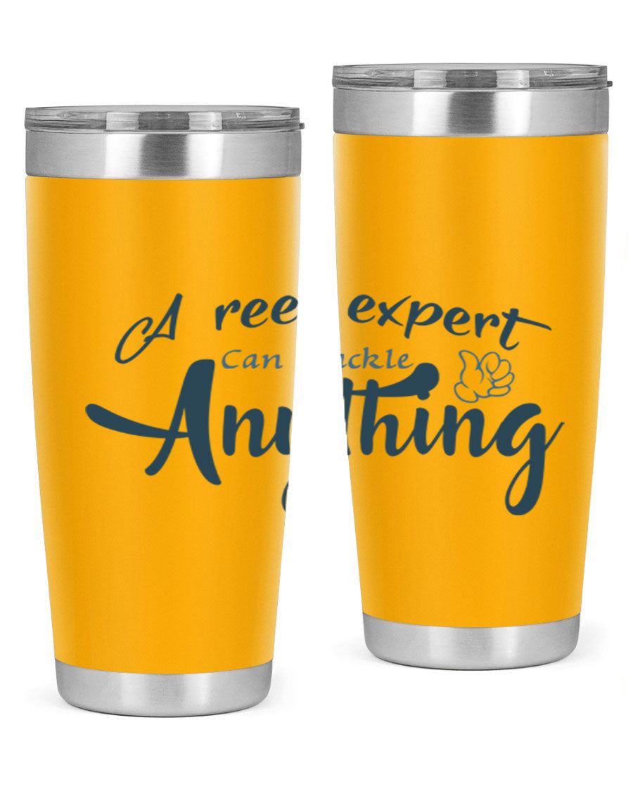 Real expert 184# fishing tumbler in stainless steel with a drink-thru lid, showcasing its sleek design and double wall insulation.