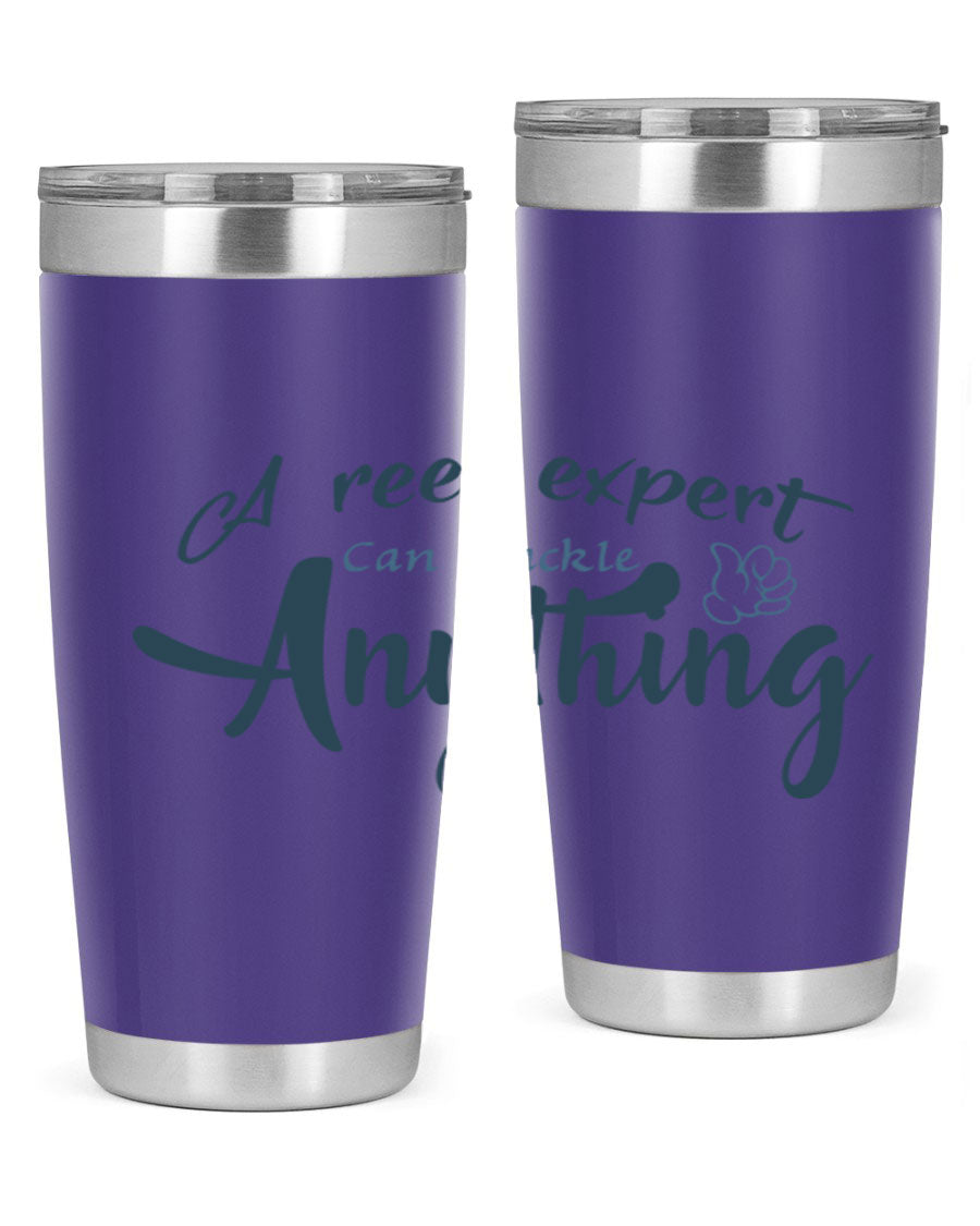 Real expert 184# fishing tumbler in stainless steel with a drink-thru lid, showcasing its sleek design and double wall insulation.