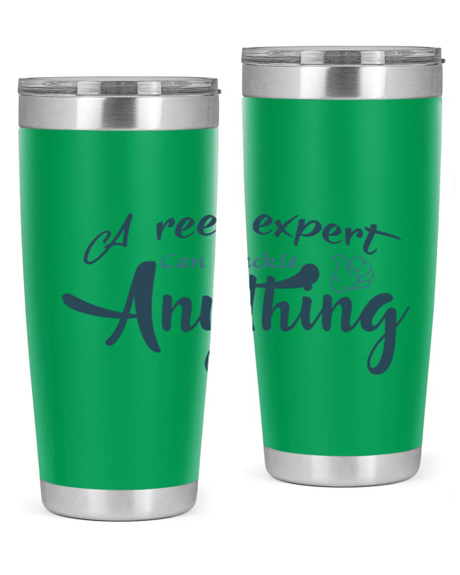 Real expert 184# fishing tumbler in stainless steel with a drink-thru lid, showcasing its sleek design and double wall insulation.