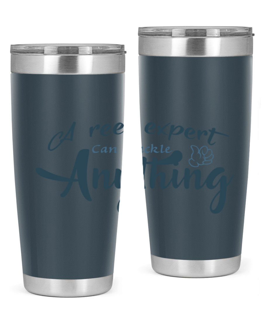 Real expert 184# fishing tumbler in stainless steel with a drink-thru lid, showcasing its sleek design and double wall insulation.