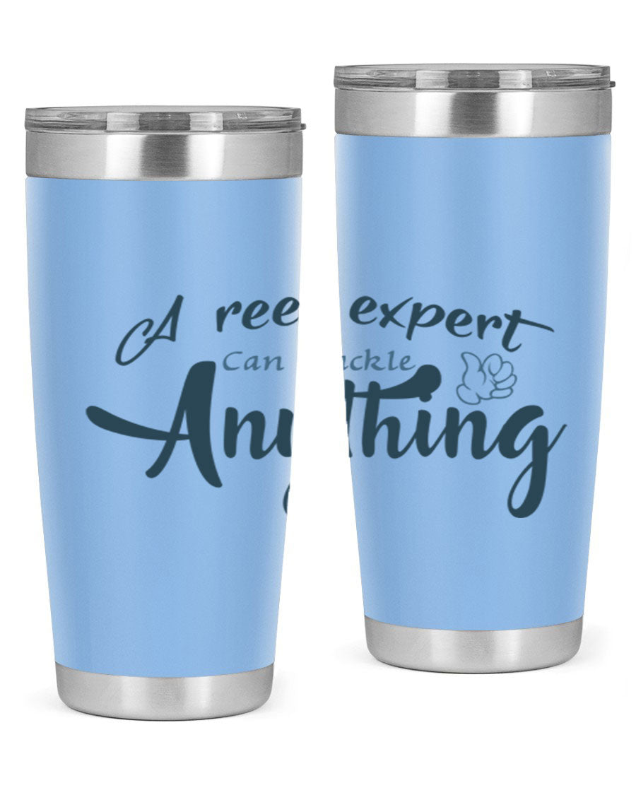 Real expert 184# fishing tumbler in stainless steel with a drink-thru lid, showcasing its sleek design and double wall insulation.