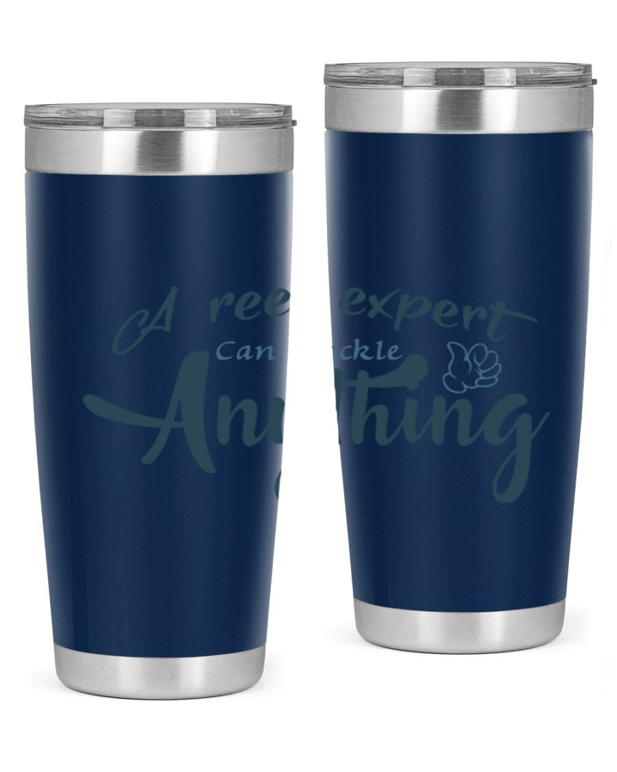 Real expert 184# fishing tumbler in stainless steel with a drink-thru lid, showcasing its sleek design and double wall insulation.