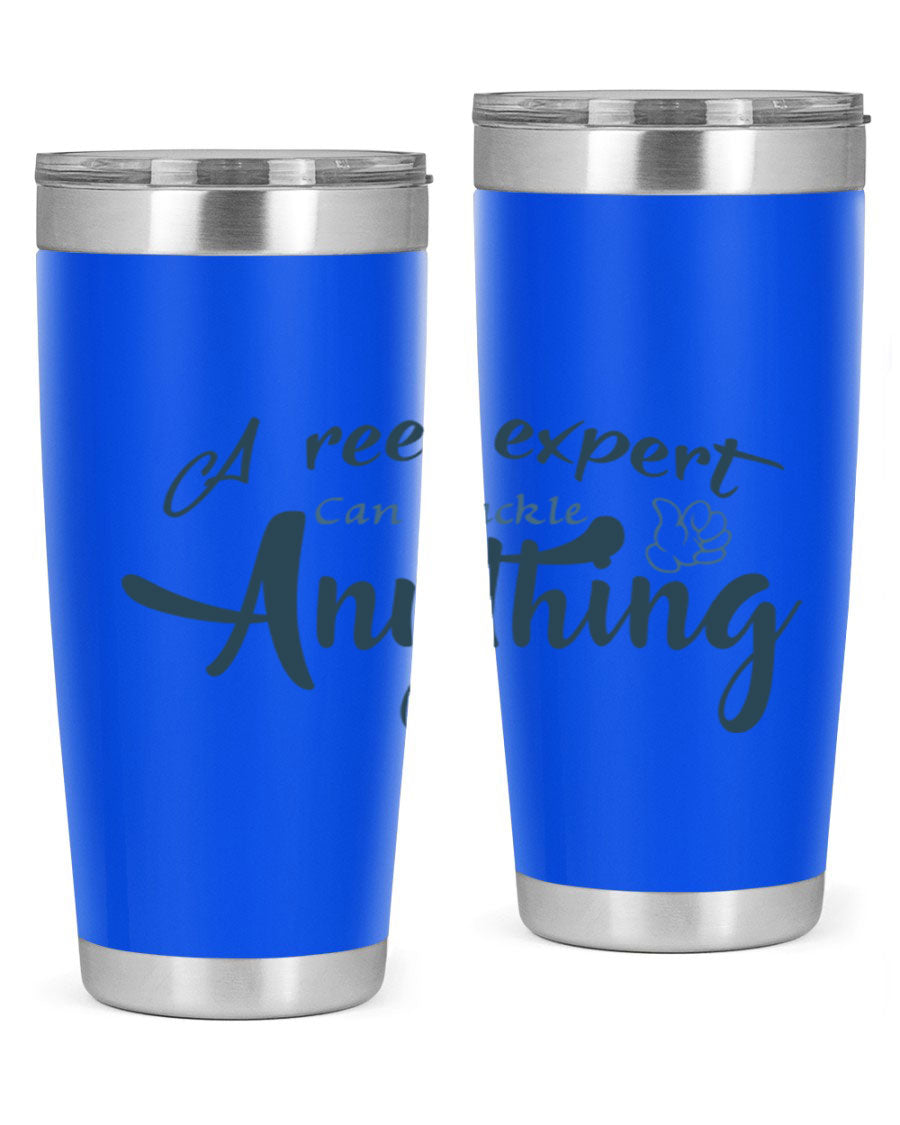 Real expert 184# fishing tumbler in stainless steel with a drink-thru lid, showcasing its sleek design and double wall insulation.