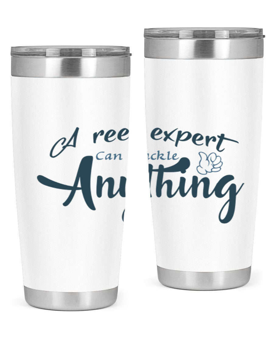 Real expert 184# fishing tumbler in stainless steel with a drink-thru lid, showcasing its sleek design and double wall insulation.