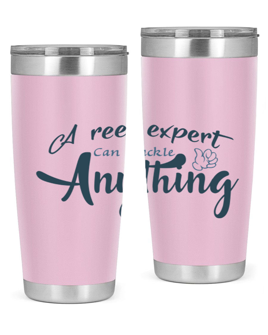 Real expert 184# fishing tumbler in stainless steel with a drink-thru lid, showcasing its sleek design and double wall insulation.