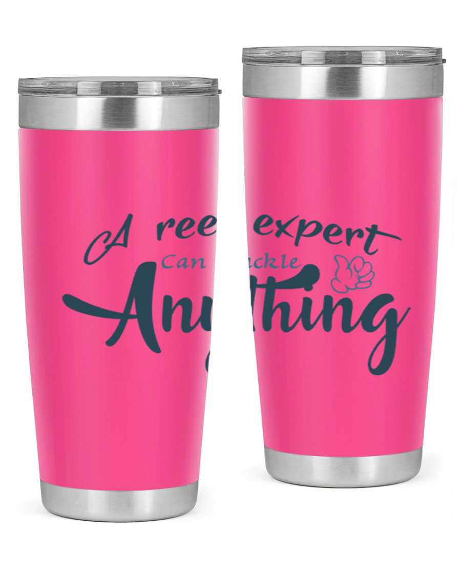 Real expert 184# fishing tumbler in stainless steel with a drink-thru lid, showcasing its sleek design and double wall insulation.