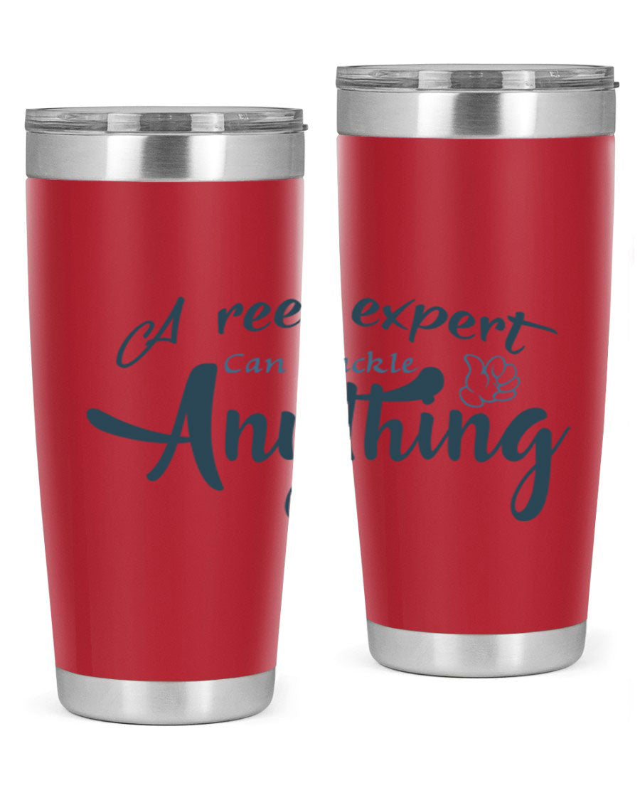 Real expert 184# fishing tumbler in stainless steel with a drink-thru lid, showcasing its sleek design and double wall insulation.
