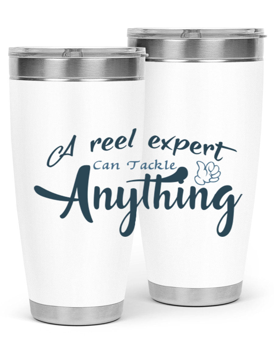 Real expert 184# fishing tumbler in stainless steel with a drink-thru lid, showcasing its sleek design and double wall insulation.