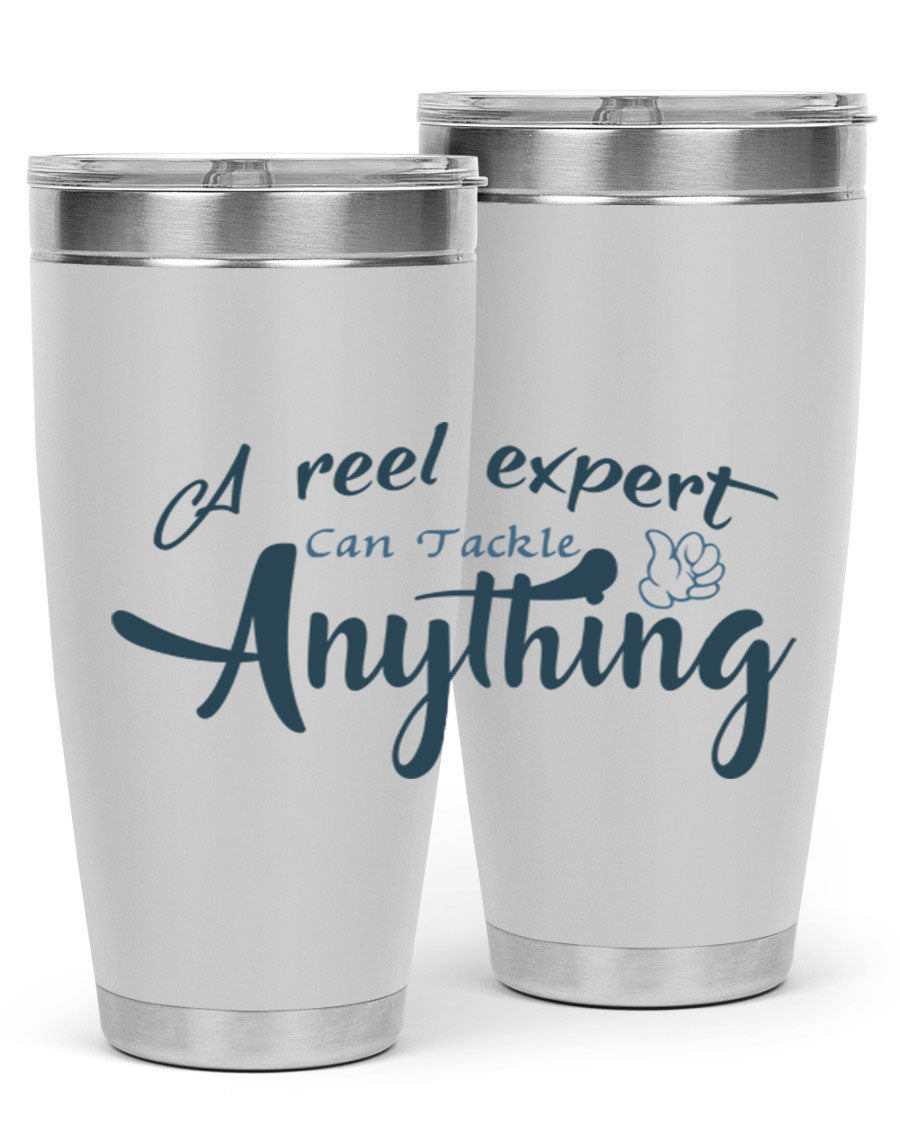 Real expert 184# fishing tumbler in stainless steel with a drink-thru lid, showcasing its sleek design and double wall insulation.