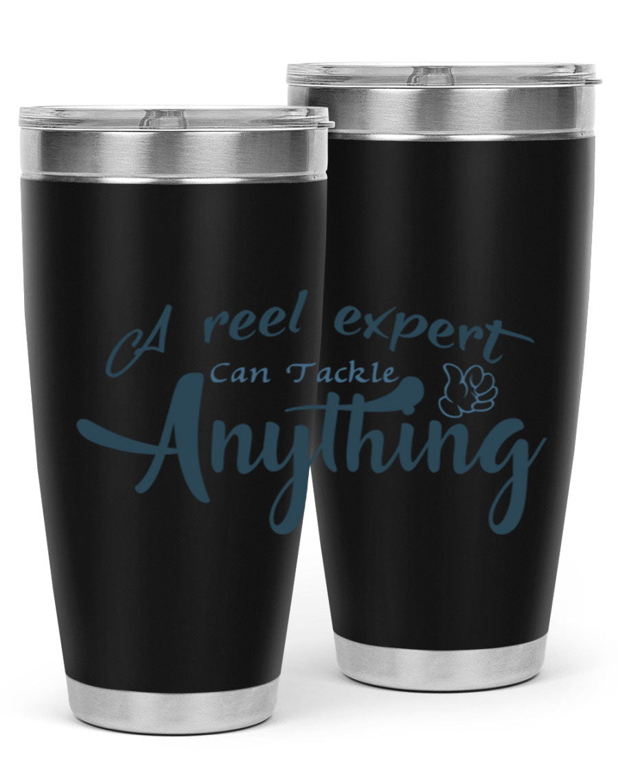 Real expert 184# fishing tumbler in stainless steel with a drink-thru lid, showcasing its sleek design and double wall insulation.