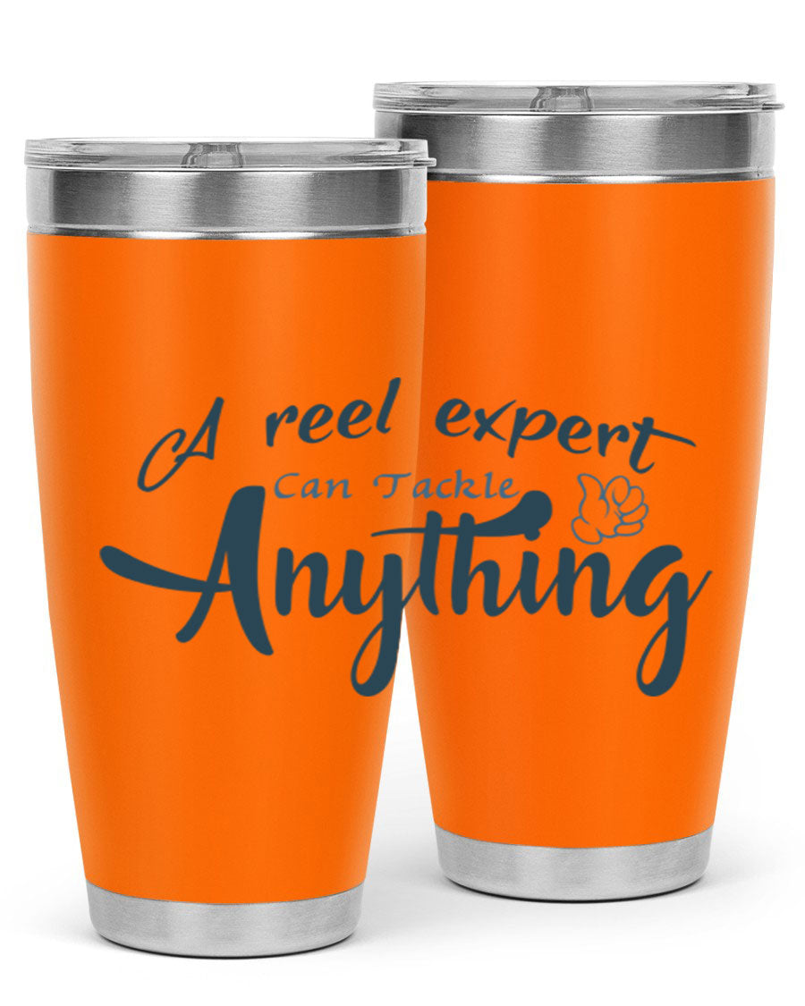 Real expert 184# fishing tumbler in stainless steel with a drink-thru lid, showcasing its sleek design and double wall insulation.