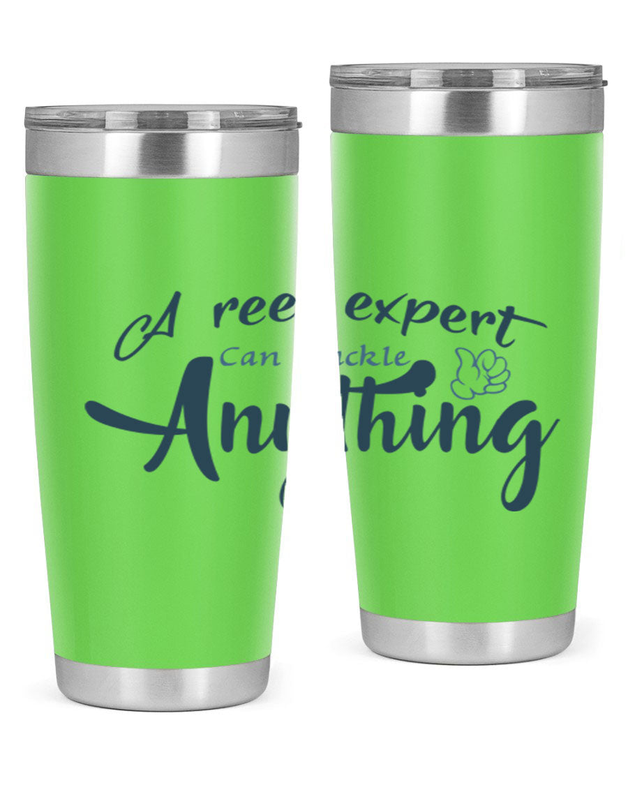 Real expert 184# fishing tumbler in stainless steel with a drink-thru lid, showcasing its sleek design and double wall insulation.