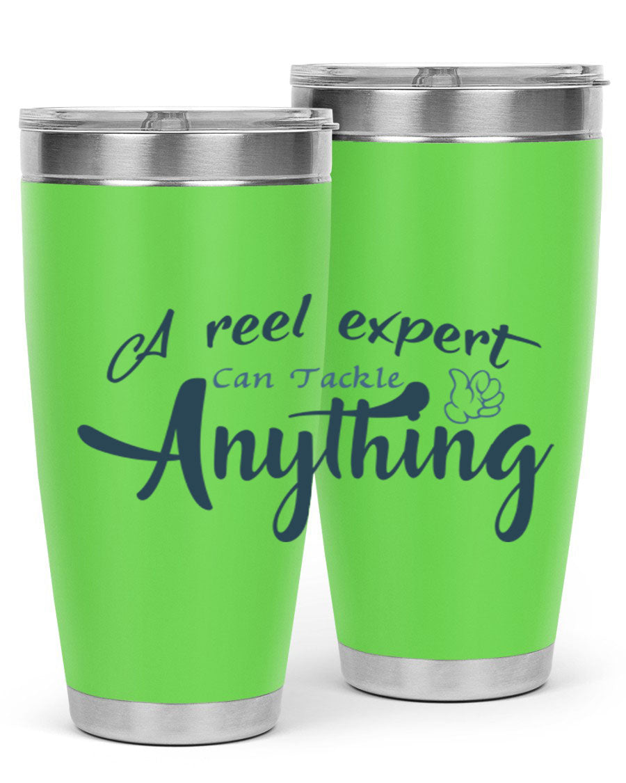 Real expert 184# fishing tumbler in stainless steel with a drink-thru lid, showcasing its sleek design and double wall insulation.