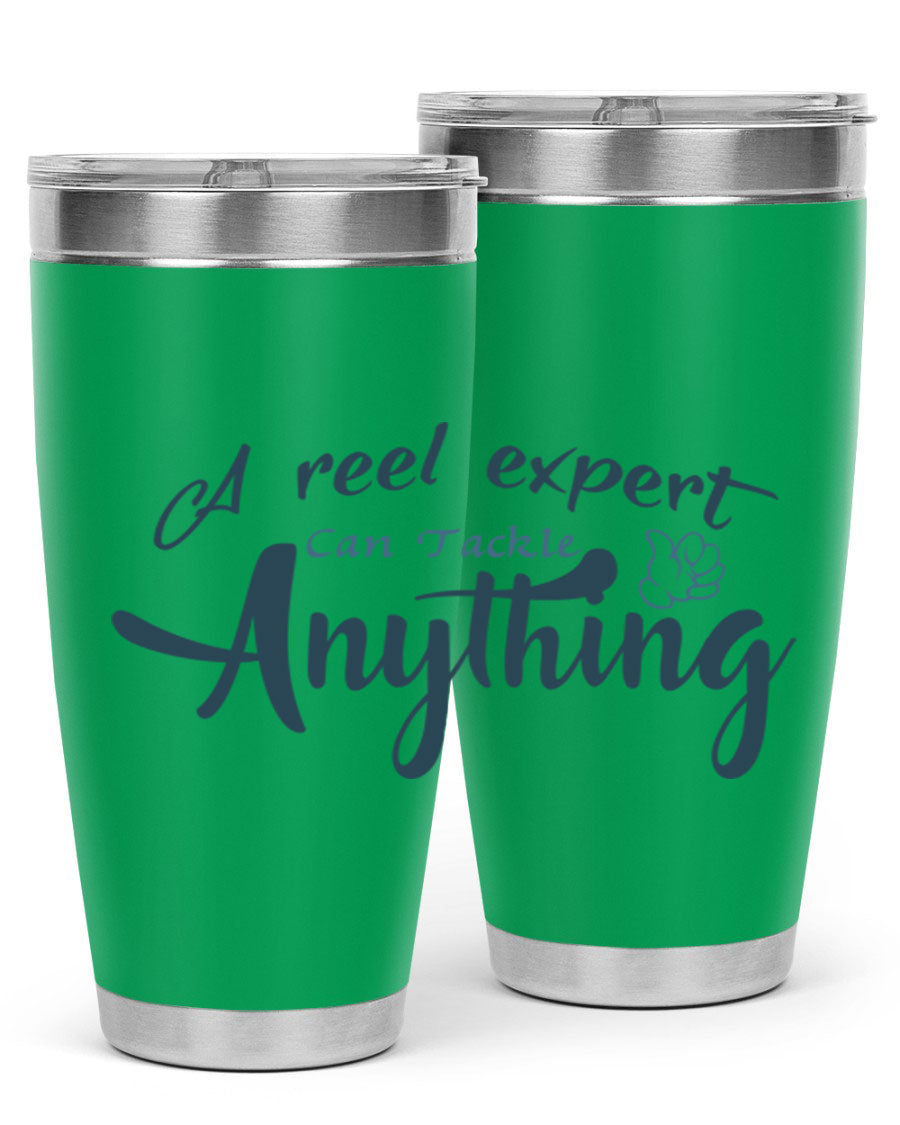 Real expert 184# fishing tumbler in stainless steel with a drink-thru lid, showcasing its sleek design and double wall insulation.