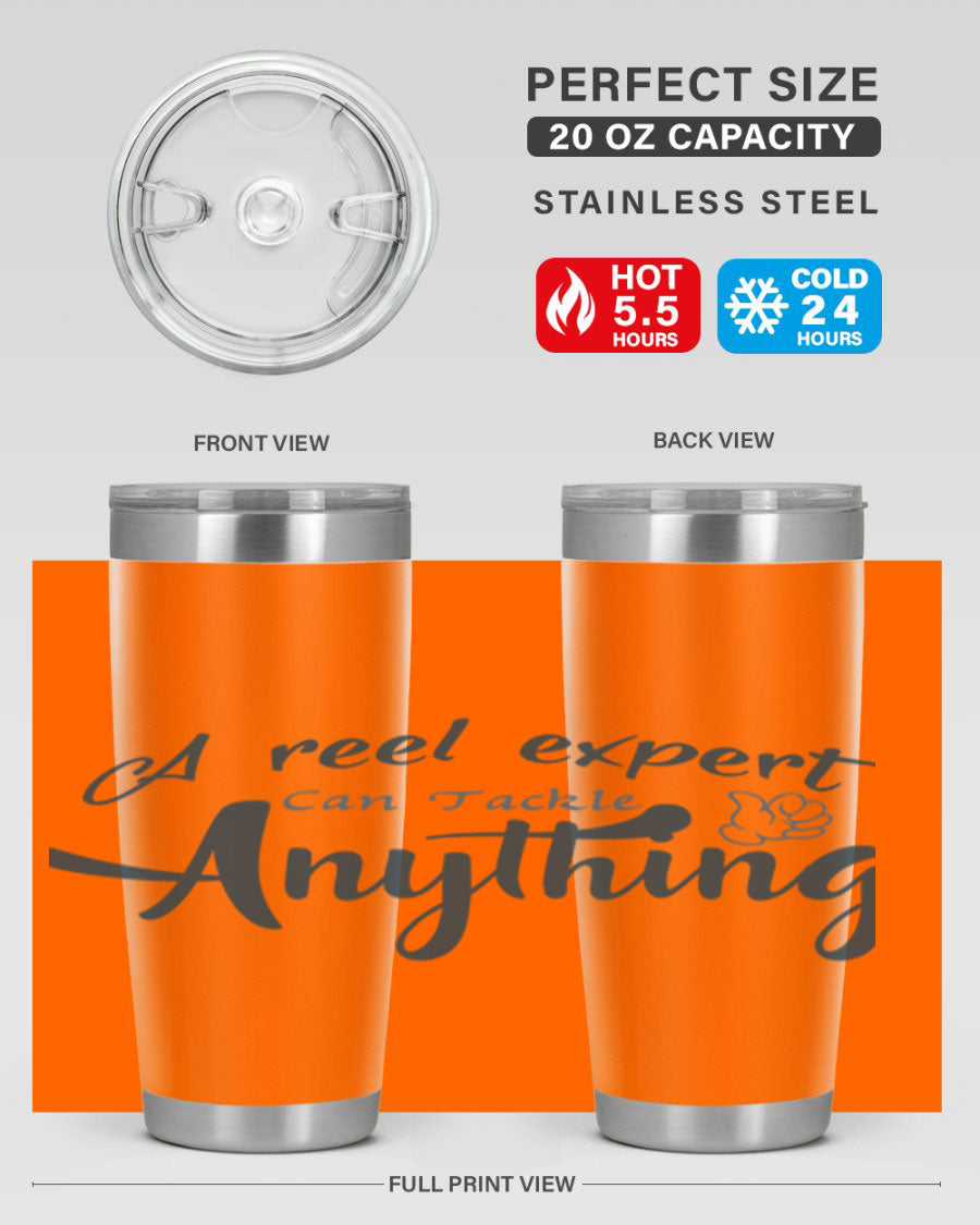 Real expert 184# fishing tumbler in stainless steel with a drink-thru lid, showcasing its sleek design and double wall insulation.