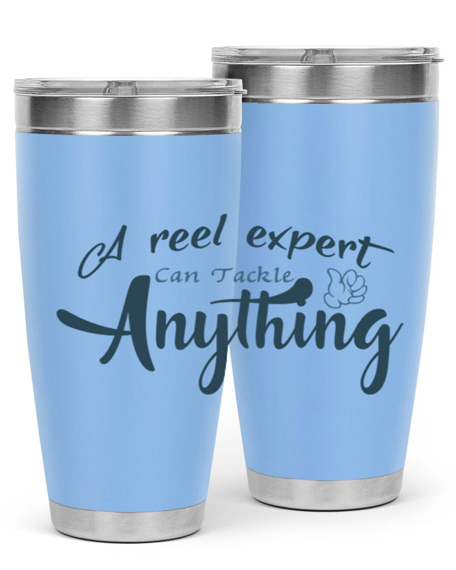 Real expert 184# fishing tumbler in stainless steel with a drink-thru lid, showcasing its sleek design and double wall insulation.