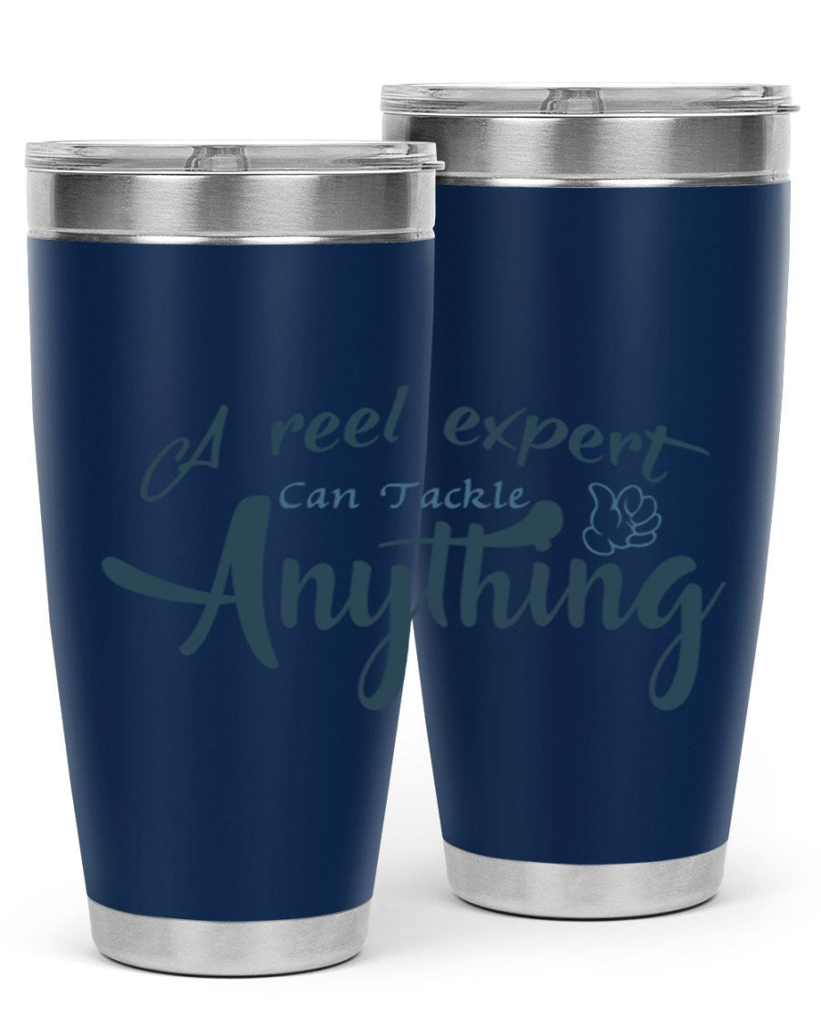 Real expert 184# fishing tumbler in stainless steel with a drink-thru lid, showcasing its sleek design and double wall insulation.