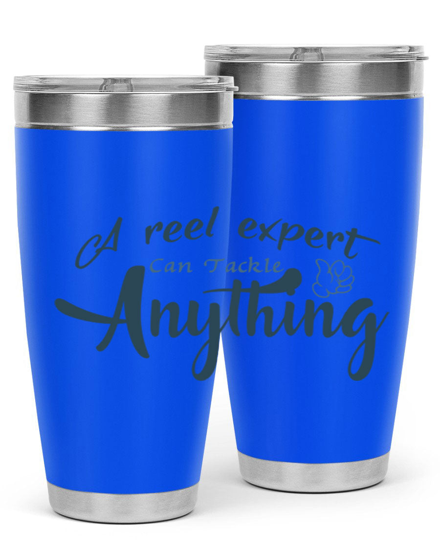 Real expert 184# fishing tumbler in stainless steel with a drink-thru lid, showcasing its sleek design and double wall insulation.