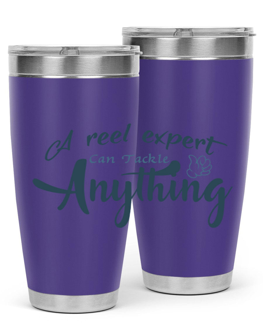 Real expert 184# fishing tumbler in stainless steel with a drink-thru lid, showcasing its sleek design and double wall insulation.