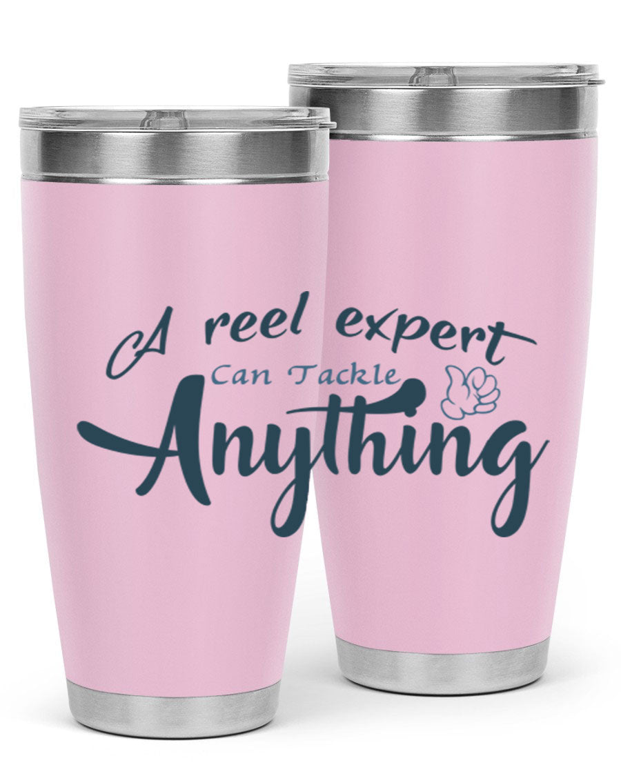 Real expert 184# fishing tumbler in stainless steel with a drink-thru lid, showcasing its sleek design and double wall insulation.