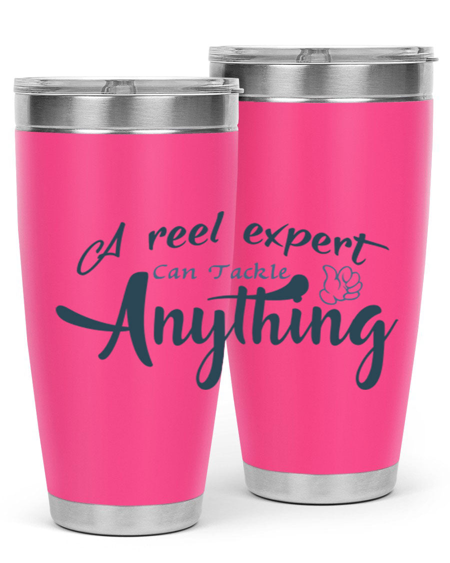 Real expert 184# fishing tumbler in stainless steel with a drink-thru lid, showcasing its sleek design and double wall insulation.