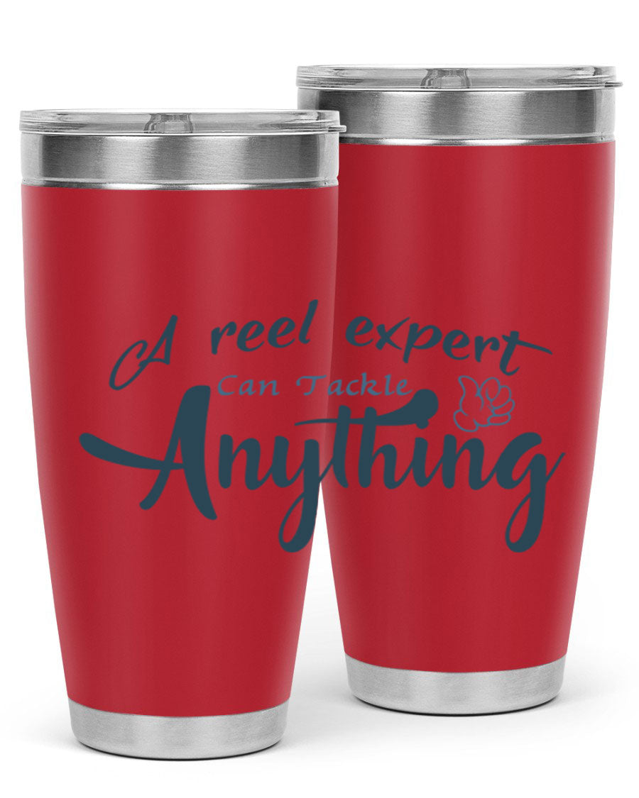 Real expert 184# fishing tumbler in stainless steel with a drink-thru lid, showcasing its sleek design and double wall insulation.