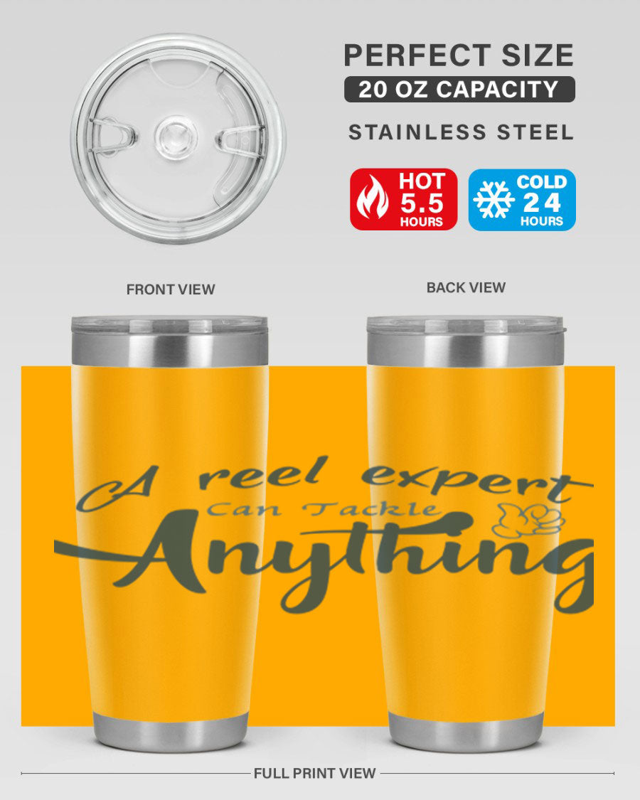 Real expert 184# fishing tumbler in stainless steel with a drink-thru lid, showcasing its sleek design and double wall insulation.